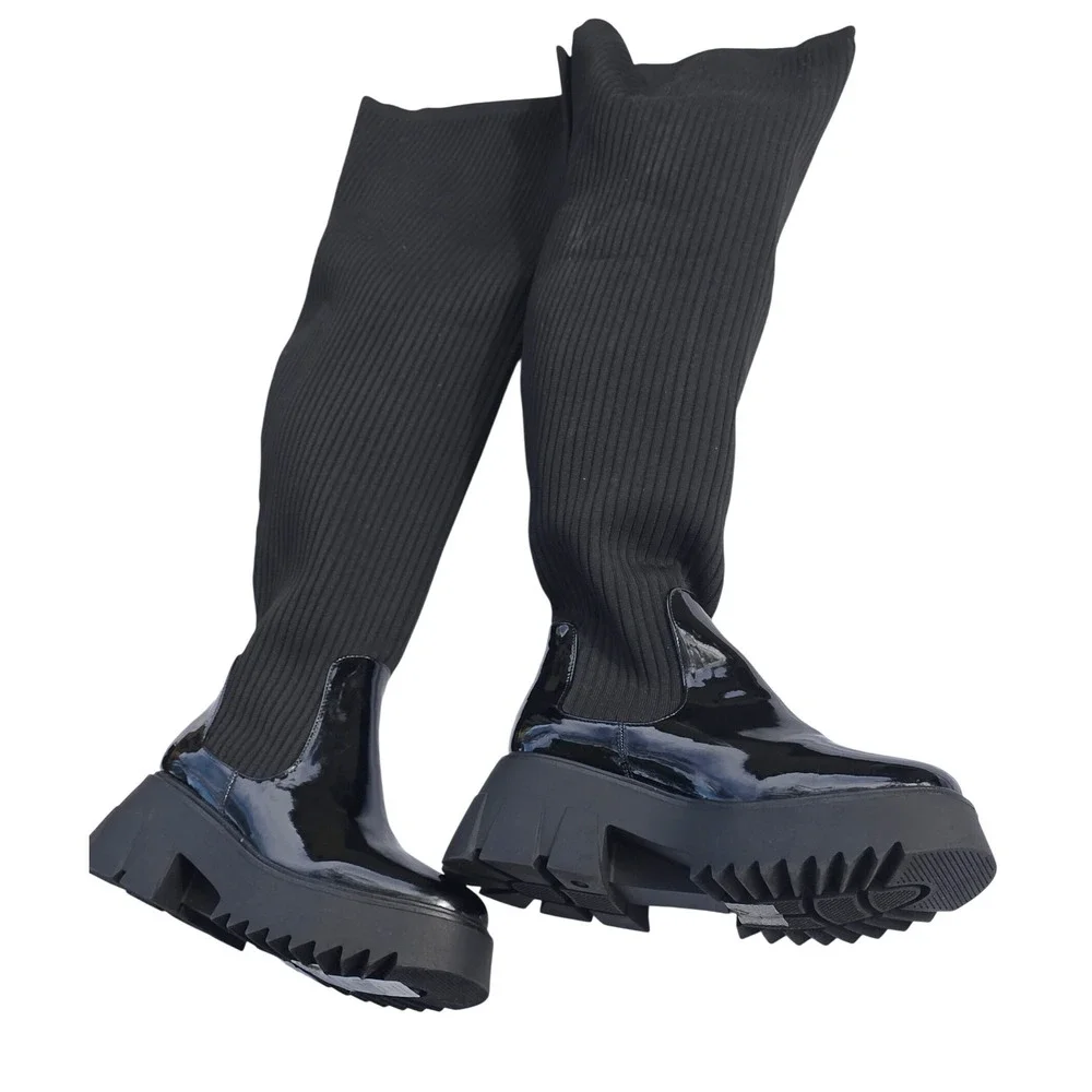 Fashion Figure Nadia Lug Sole Thigh High Boots Women 9 Black Patent Rib